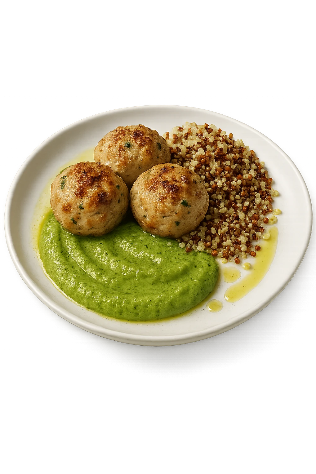 polpette di tacchino, purè di zucchine, quinoa e olio di oliva, iperrealistico 4k emoji