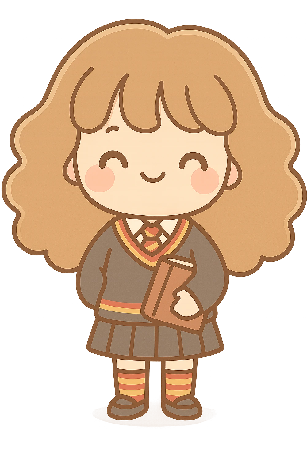 Kawaii chibi character, large head, tiny body, rounded lines. Joyful face: closed arc eyes, pink cheeks, gentle smile. Warm, pastel earthy colors. Fine brown outlines. Gryffindor uniform: V-neck dark gray sweater with red/gold stripes, white shirt, striped tie, skirt or pants, matching socks, black shoes. Holding brown magical book. Hair: voluminous, wavy, chibi style. Transparent or light background, cel shading, Japanese sticker style. emoji