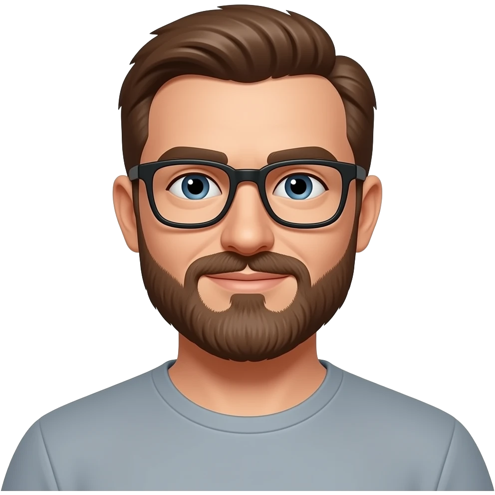 bald caucasian man with pale skin, brown hair, brown beard, and black glasses emoji