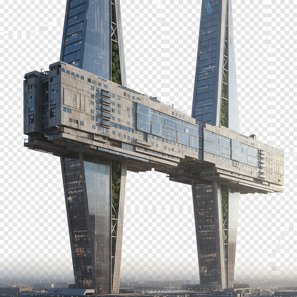 Удлиненная панелька в стиле, если бы ее строили в позднем СССР в 2025 году. Стоит на двух высоких небоскребах, которые как опоры держат ее на себе.

Фотореализм. Абсолютно прозрачный фон emoji