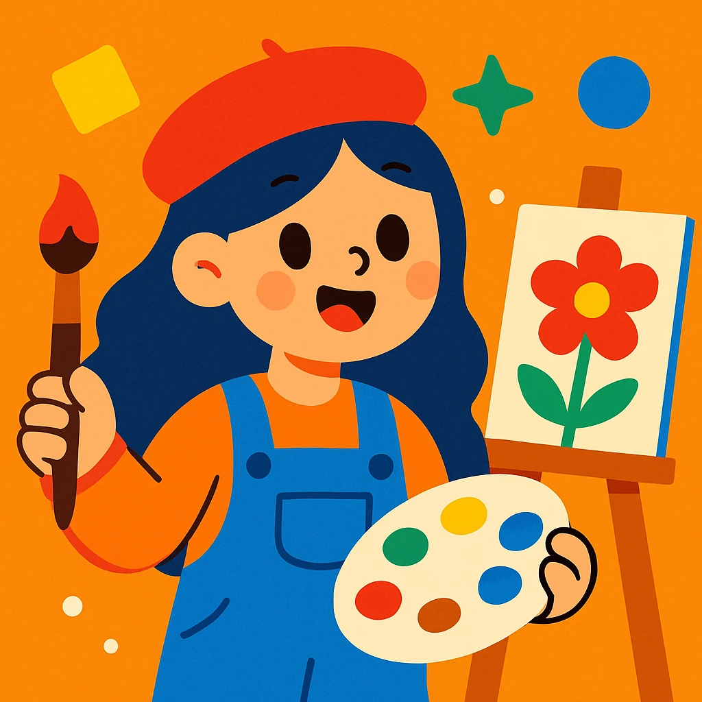 jeune artiste aux cheveux longs, mignon, style cartoon coloré emoji