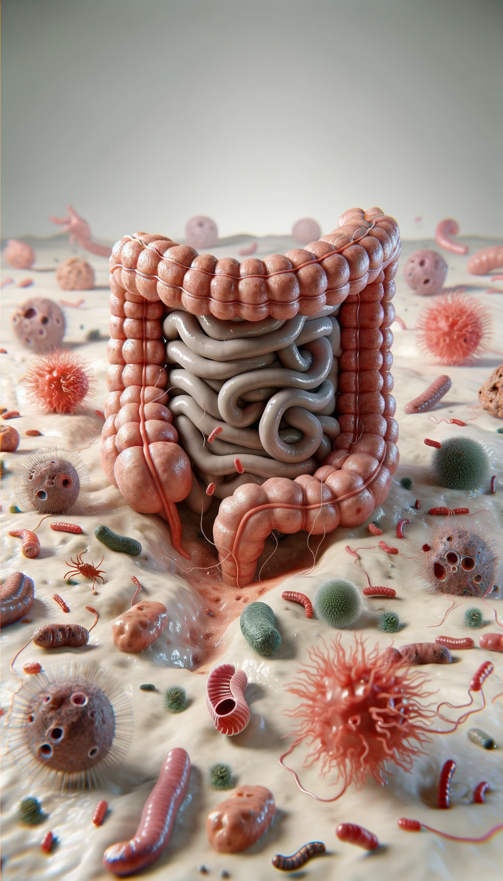intestino umano realistico con batteri e parassiti che gli fluttuano intorno, sfondo chiaro, iperrealistico 4k emoji