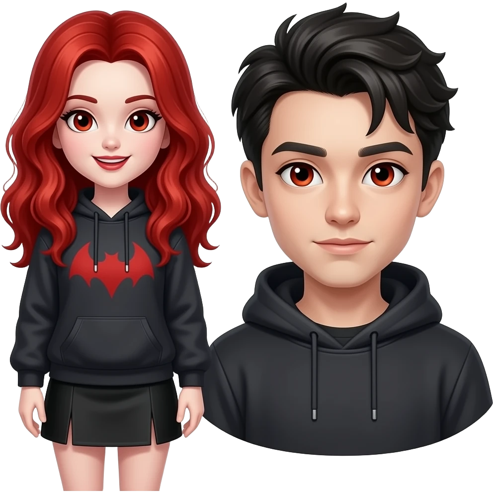 Vampiro femmina 12 enne con capelli lunghi rosso fuoco ondulati con pelle bianca che indossa una gonna corta nera e una felpa e che è schiena contro schiena con il fratello VAMPIRO emoji