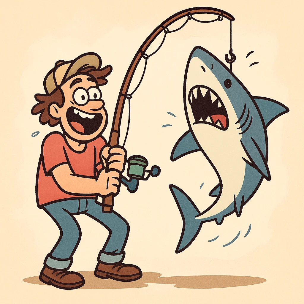 a man excitedly holding a fishing rod, a large shark dangling from the hook, playful cartoon style, dynamic and colorful emoji