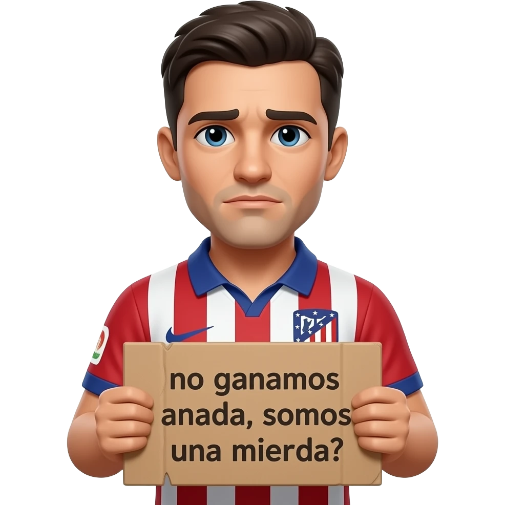 Crea una persona con una persona triste con una camiseta del Atletico de Madrid sosteniendo un cartel que ponga en Español: no ganamos nada, somos una mierda. emoji