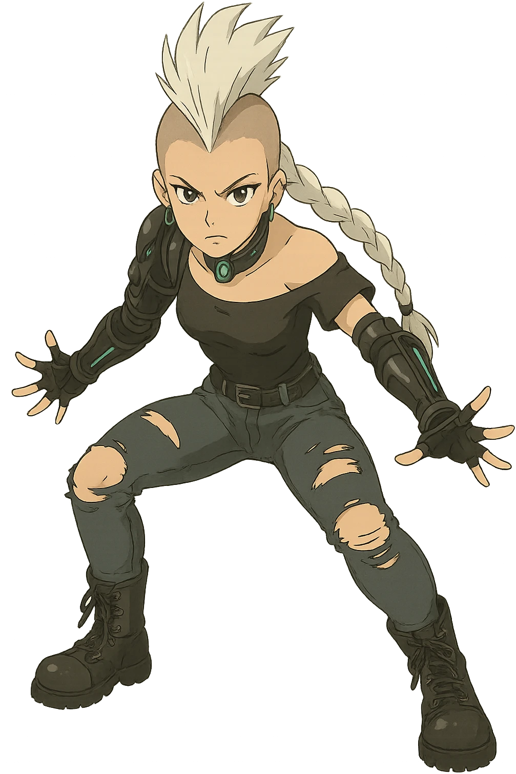 1 female, futurepunk, mohawk white hair, 1 long braid, cybergoth, gothic style, action pose, style of anime, she is looking into the camera, black short sleeve off shoulder top, ripped tight jeans, combat boots, going superseiyan pose emoji