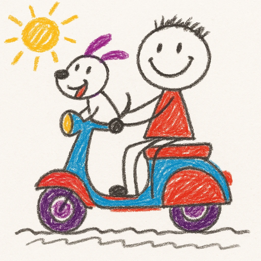man and his pet dog riding a vespa emoji