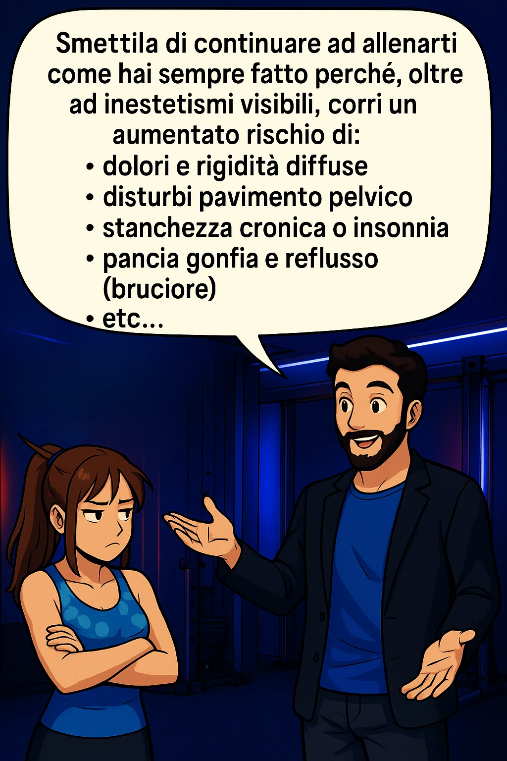TRASFORMA QUESTO CAROSELLO IN UN FUMETTO STILE MANGA A COLORI CON QUESTE DUE PERSONE IDENTICHE CHE INTERLOQUISCONO TRA LORO:

LUI (UOMO): Smettila di continuare ad allenarti come hai sempre fatto perché, oltre ad inestetismi visibili, corri un aumentato rischio di:
    • dolori e rigidità diffuse
    • disturbi pavimento pelvico
    • stanchezza cronica o insonnia
    • pancia gonfia e reflusso (bruciore)
    • etc… emoji