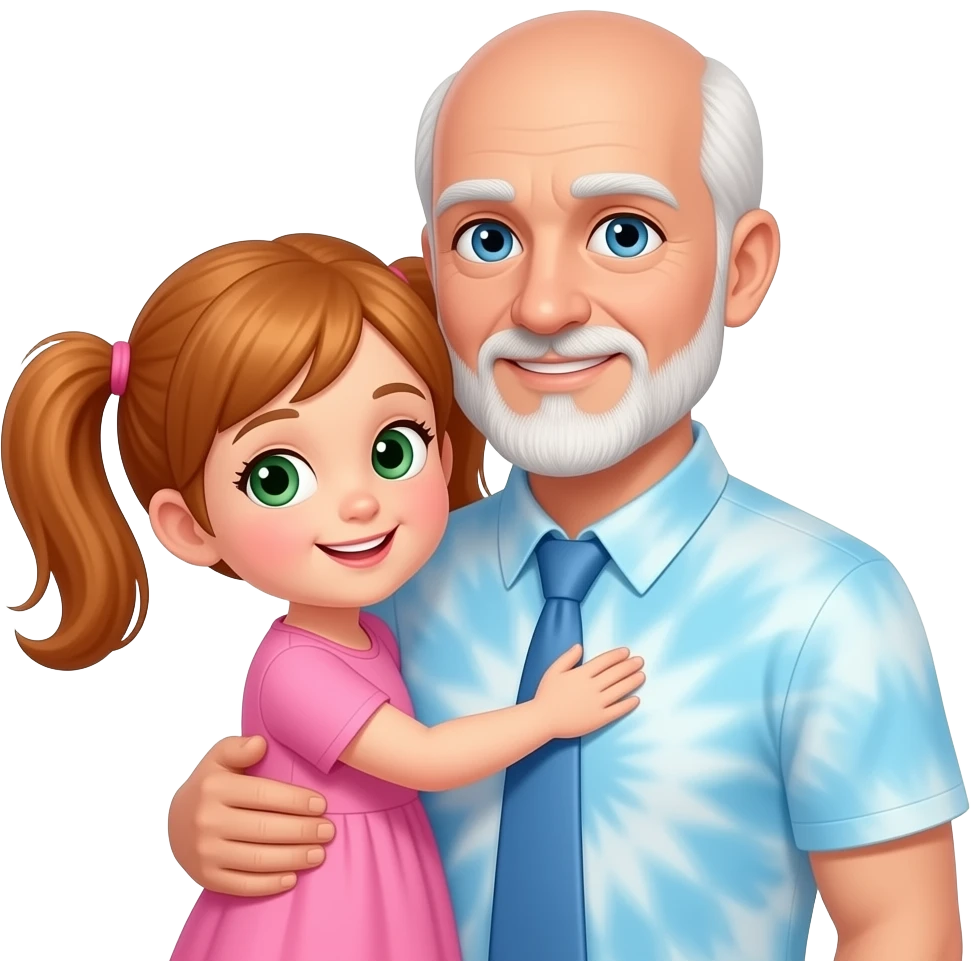 Auburn haired girl child with hazel green eyes twin ponytails wearing an all pink dress hugging a light blue eyed partially balding adult father with side white fringe white eyebrows and white scruff style breard wearing a light blue tye dye t-shirt with no tie emoji
