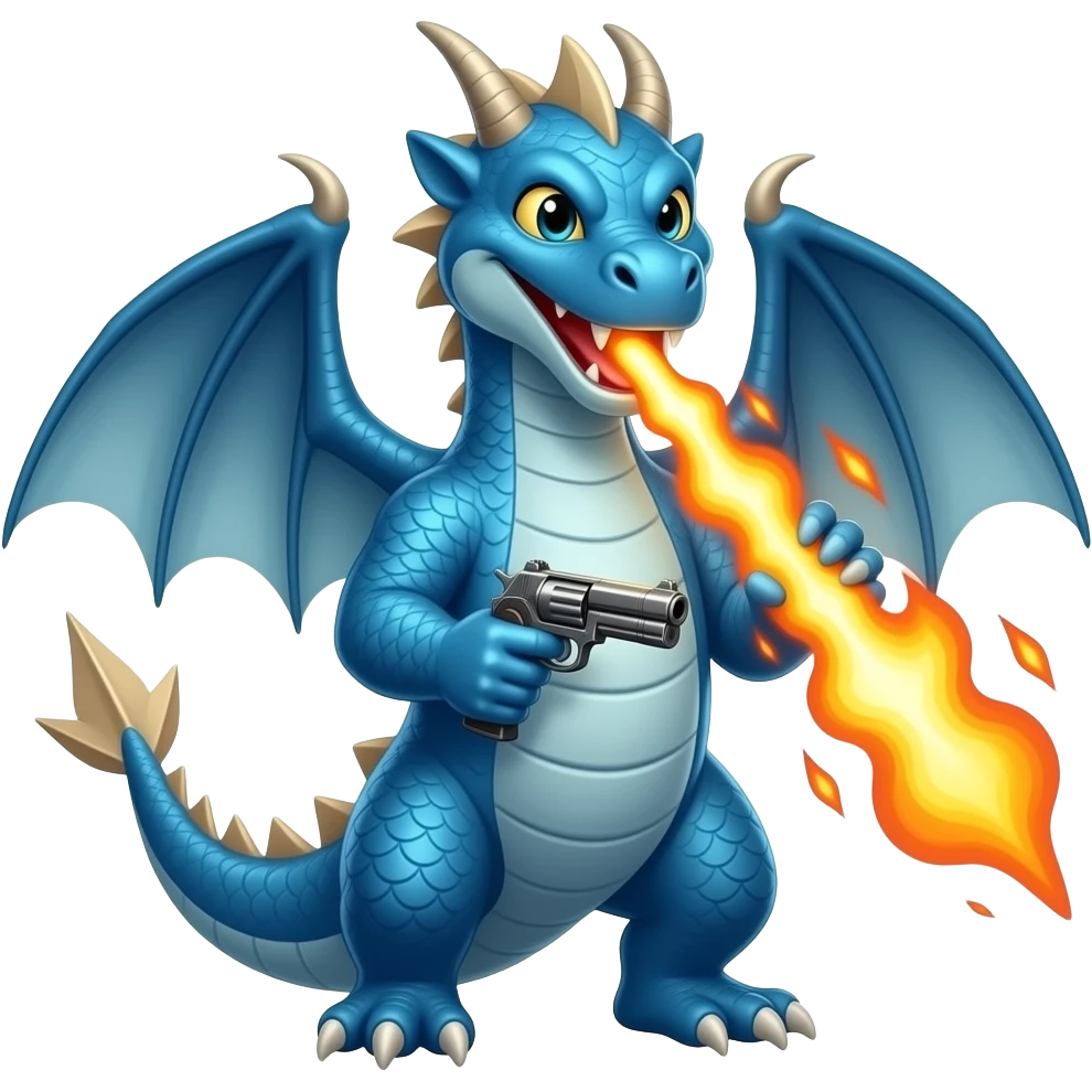Blue dragon breathing fire holding a gun front facing emoji