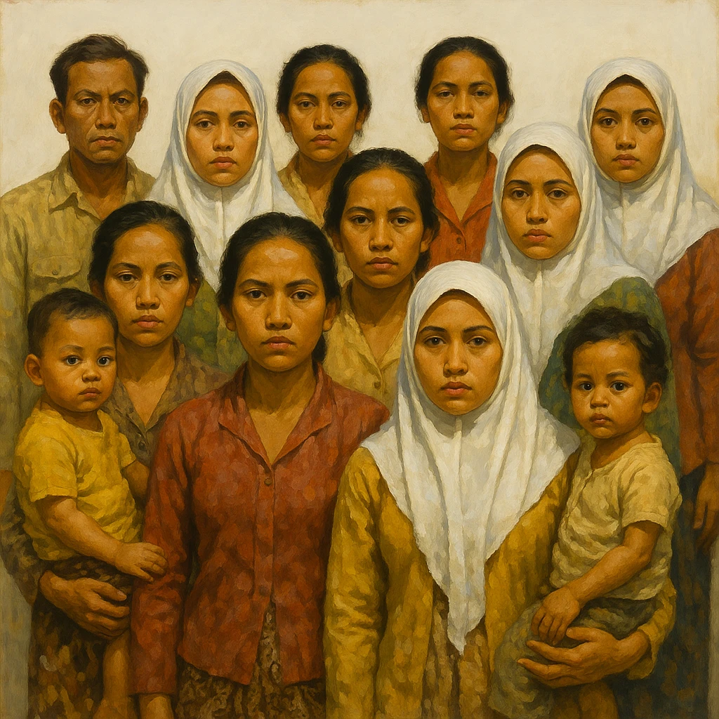 Сгенерируй мне группу людей которая стоит и смотрим прямо, только все они будут индонезийцы из 20 века, в стиле реалистичной живописи, ярко. На однородном белом фоне. У некоторых девушек на руках ребенок, и некоторые девушке в платке мусульманском белом. КОЖА ОБЯЗАТЕЛЬНО СМУГЛАЯ а волосы у всех черные emoji