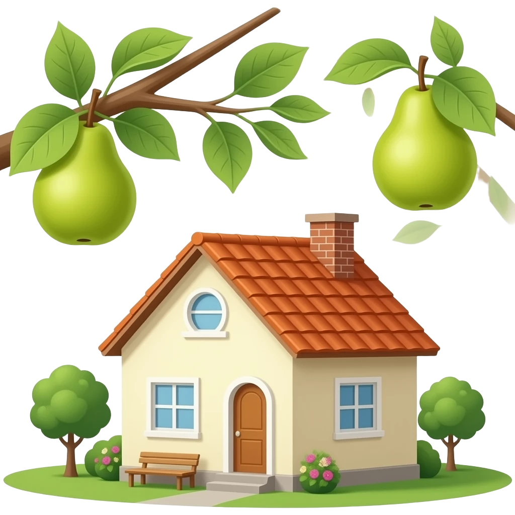 Pear are hanging on tree and house, no background image emoji