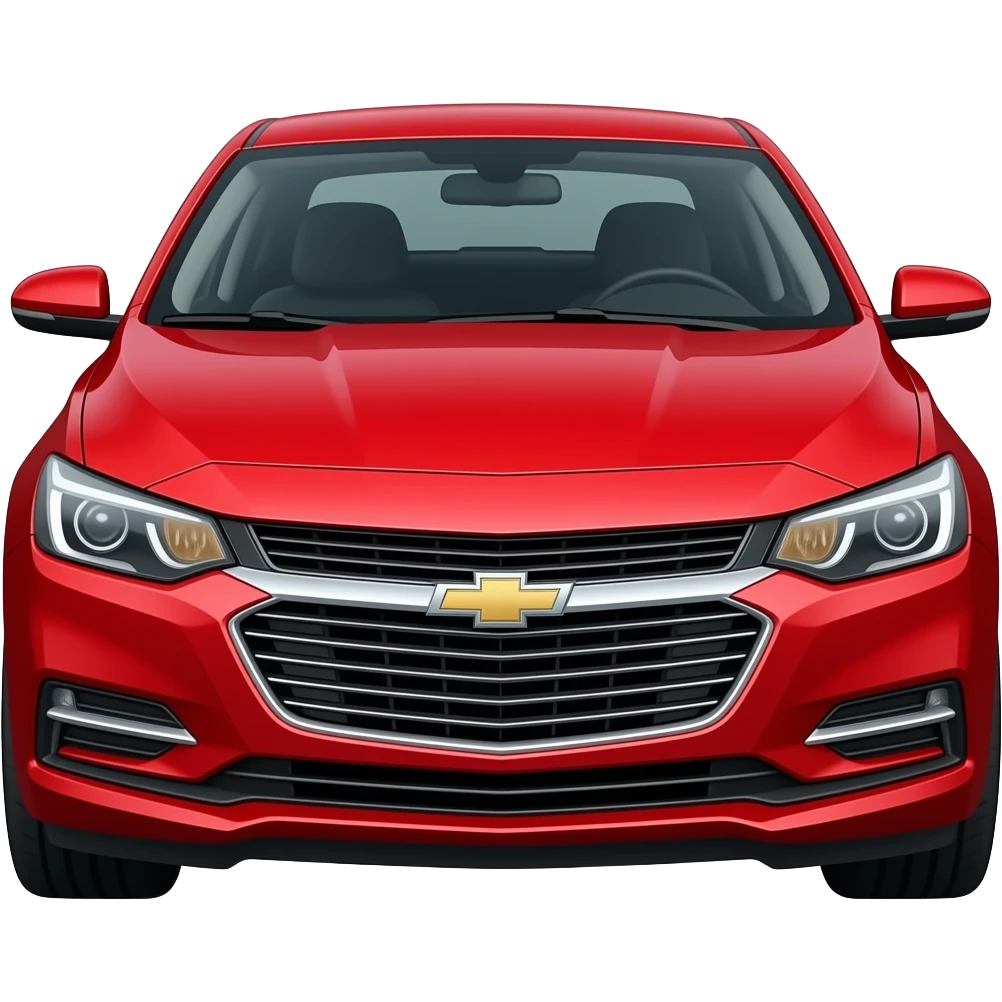 A realistic glossy emoji of a Radiant Red Chevrolet Malibu, subtle charcoal tint windows, silver chrome rims, bright white LED headlights with dynamic lens flare, high-detail, reflective studio lighting, 3D icon style." emoji