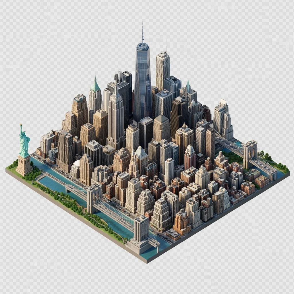 Isometric miniature of New York Сity Empire State Building, One World Trade Center, Statue of Liberty, Brooklyn Bridge, and Central Park chaotic low-rise blocks in outer boroughs 3D miniature effect and Tilt Shift effect, no cartoonish look, transparent background. emoji