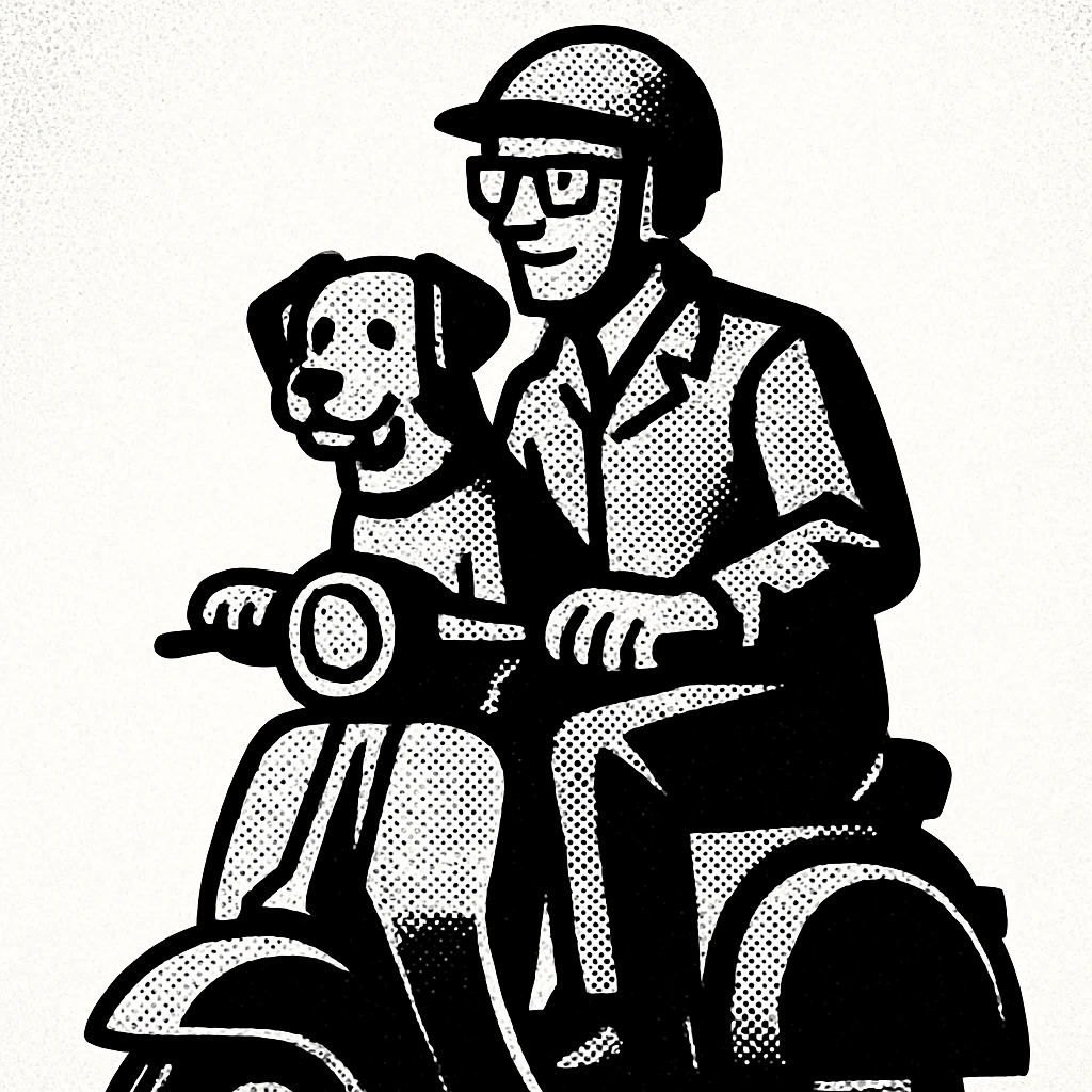 man and his pet dog riding a vespa emoji