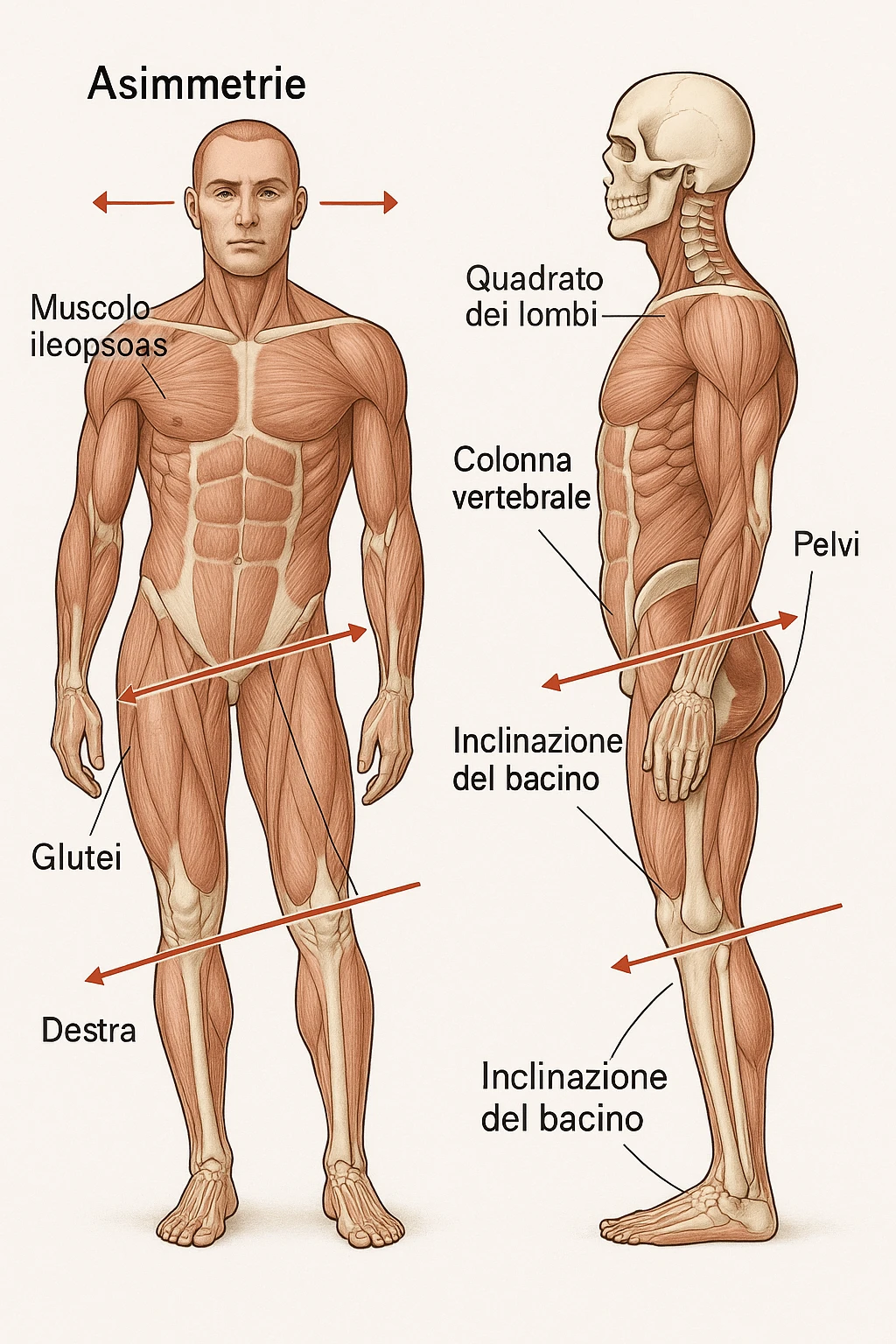 Uomo con problemi di asimmetrie e bacino inclinato, visione anatomica in italiano emoji