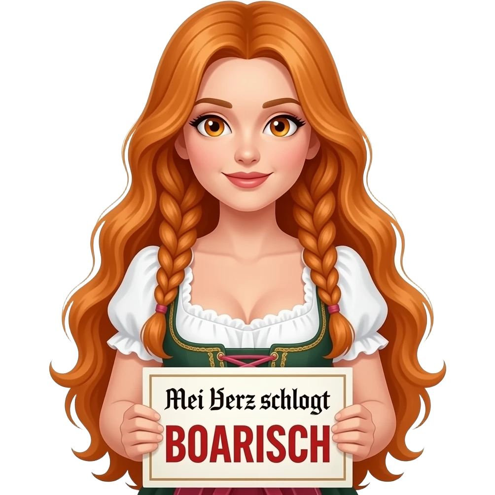 sexy girl with overlong ginger hair in braids and ginger eyes wearing a dirndl holding a Mei Herz schlogt BOARISCH sign emoji