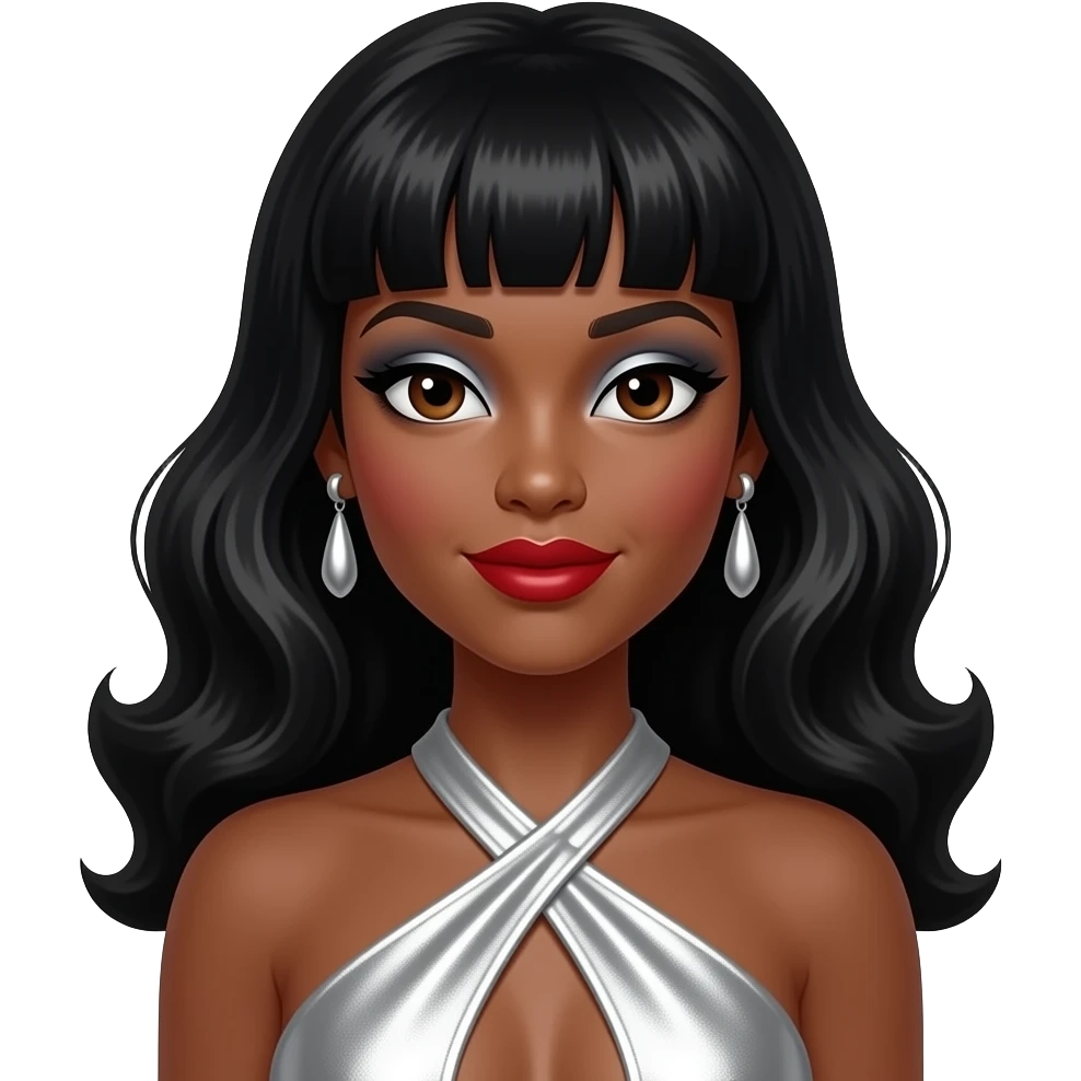 Solange with dark brown eyes, long black 60s beehive hair, silver eyeshadow, red lipstick, silver metallic halter dress, silver earrings emoji
