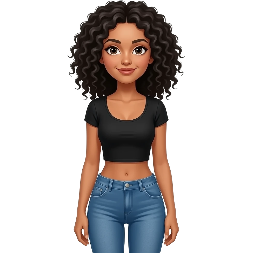 make a short slim women who has black curly hair. She is very italian. Wears skinny jeans and a black top. emoji