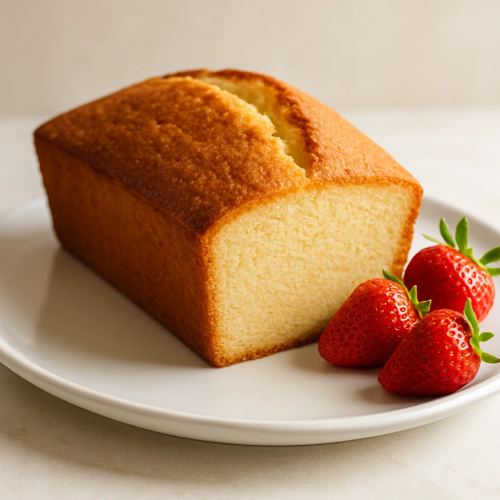 a pound cake loaf with a few strawberries on the side emoji
