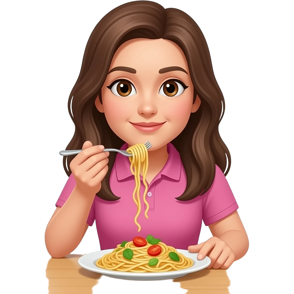 Az arca ne gyerekes legyen hosszú barna haja legyen és az asztalnál egyen spagettit barna szeme legyen és rózsaszín poloja legyen emoji