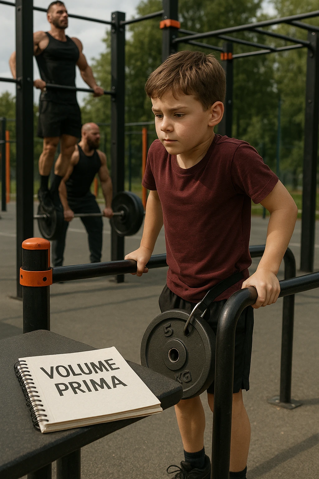 Atleta neofita giovane in un parco attrezzato per streetlifting, fisico ancora in fase iniziale. È intento a eseguire molte ripetizioni di esercizi a corpo libero con pesi leggeri (zavorra moderata), come trazioni e dip su parallele. Accanto a lui un taccuino di allenamento con la scritta 'Volume Prima'. L’atmosfera è luminosa e motivante, con altri atleti più muscolosi che sollevano carichi pesanti, ma lui è concentrato sul gesto tecnico e sulla costanza. Stile realistico, colori naturali, messaggio educativo su priorità all’adattamento progressivo e al volume. emoji