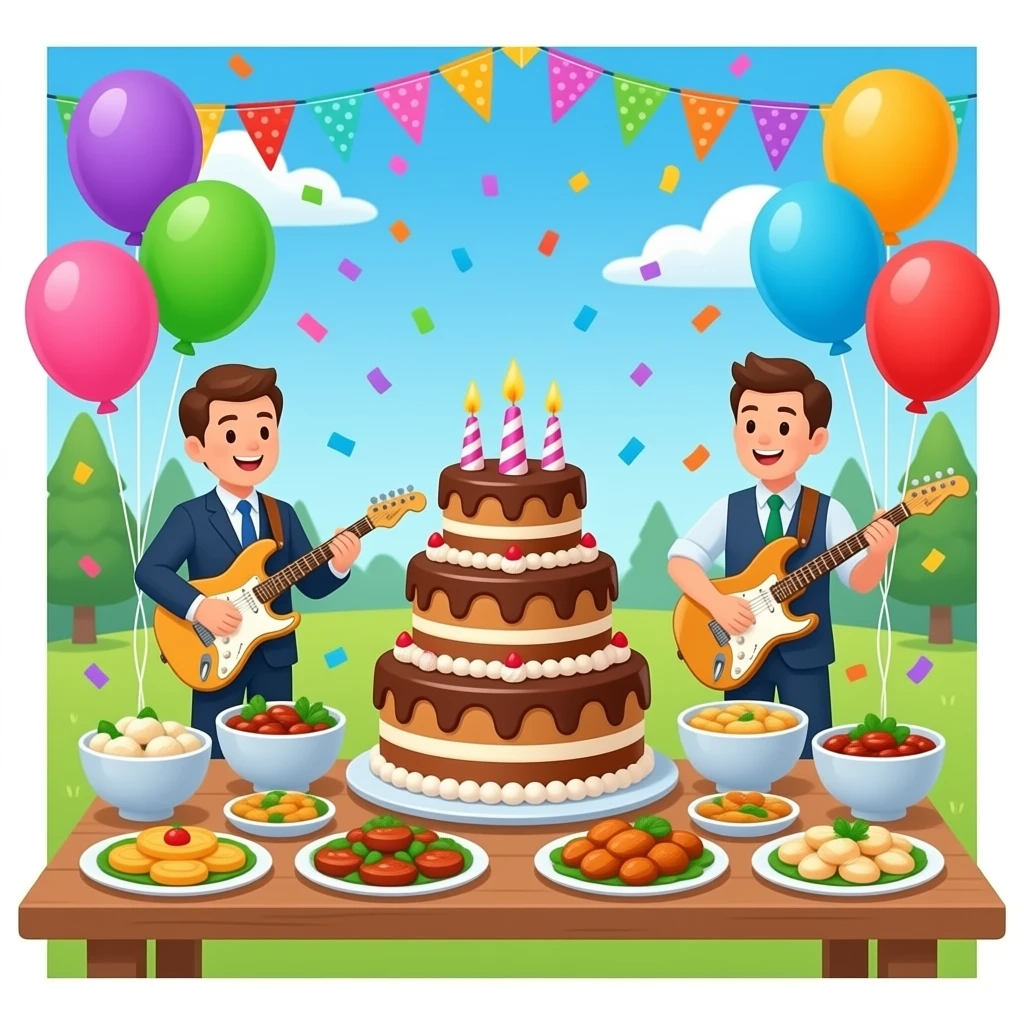 Birthday party with balloons, confettis, cake, music and a lot of food emoji