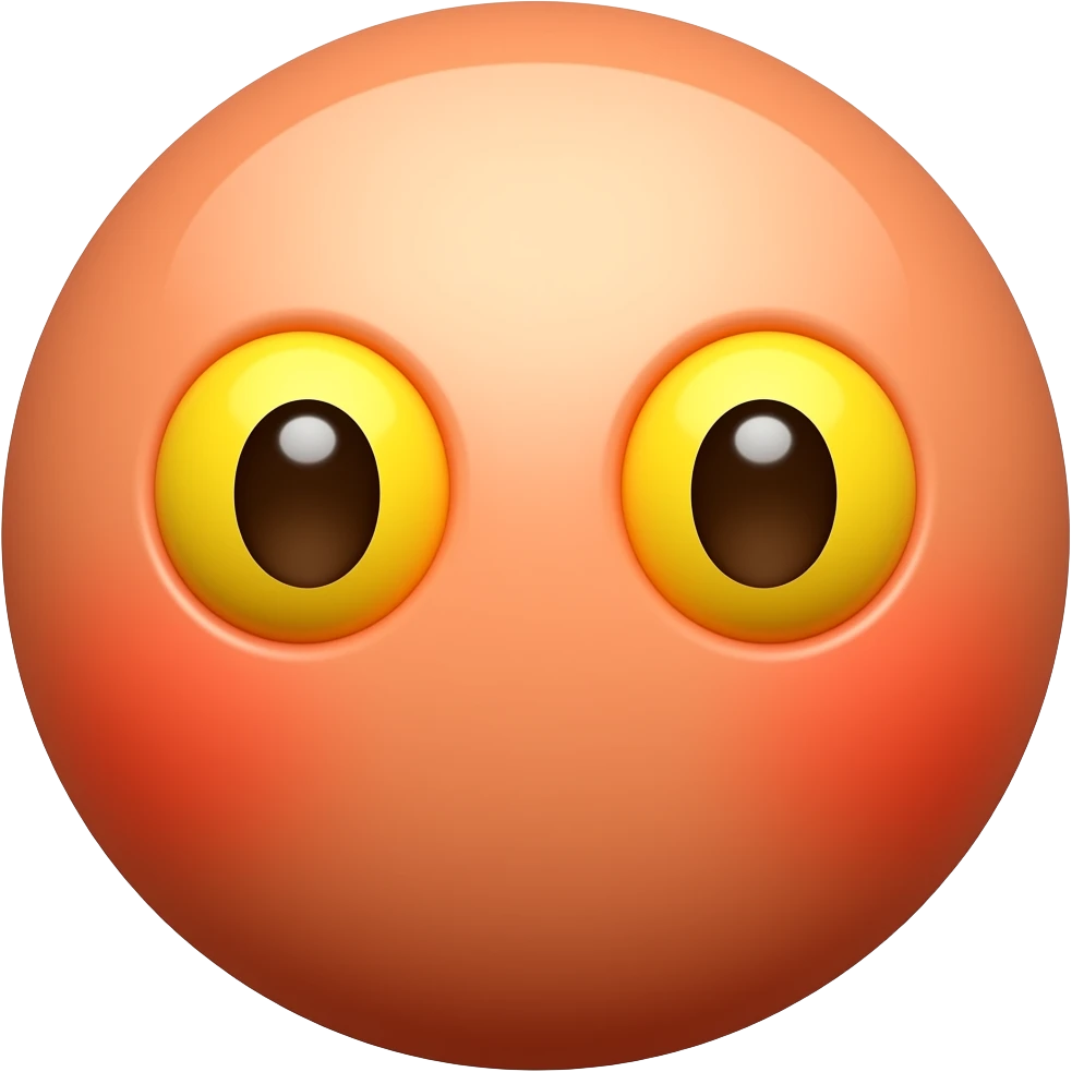 새빨간 얼굴의 홍조를 하고 있는. 노란 눈알  갈색 동공.   귀여운 만화 입체적 이모티콘 emoji