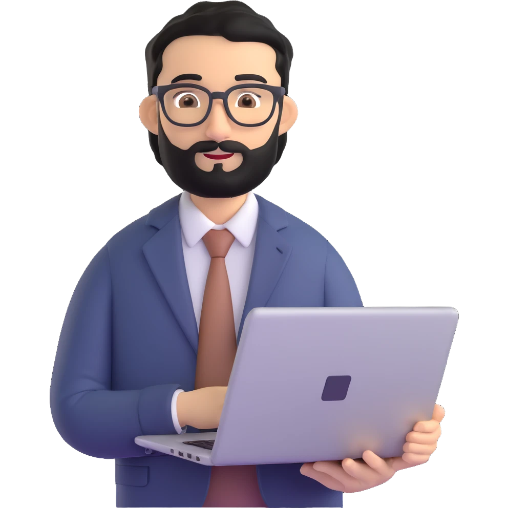 same professional man with medium black beard, neat black hair, connected unibrow, olive tan skin, brown eyes, glasses, prominent nose, in business casual attire, holding laptop under arm emoji