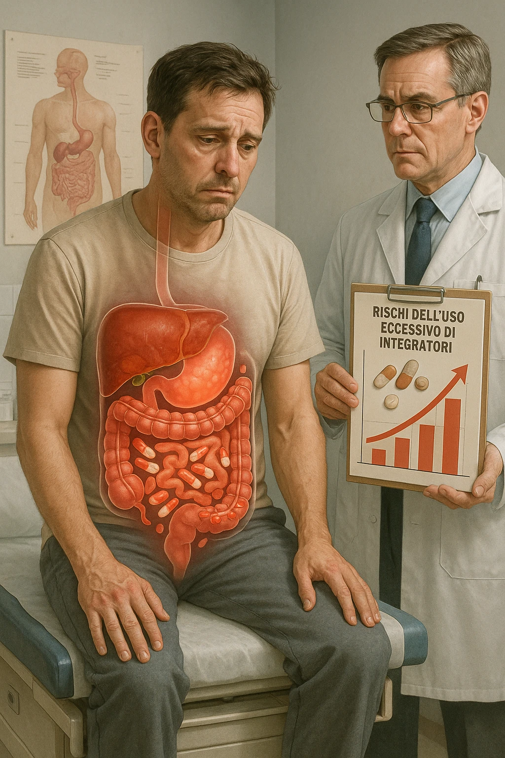 a man sits on a doctor’s examination table, looking fatigued and uncomfortable. A transparent anatomical overlay reveals his liver and intestines, both appearing inflamed and congested, with stylized supplement capsules and pills scattered throughout the digestive tract. The doctor stands nearby, holding a chart that highlights the risks of excessive supplement use. The mood is clinical and educational. in italiano iperrealistica emoji
