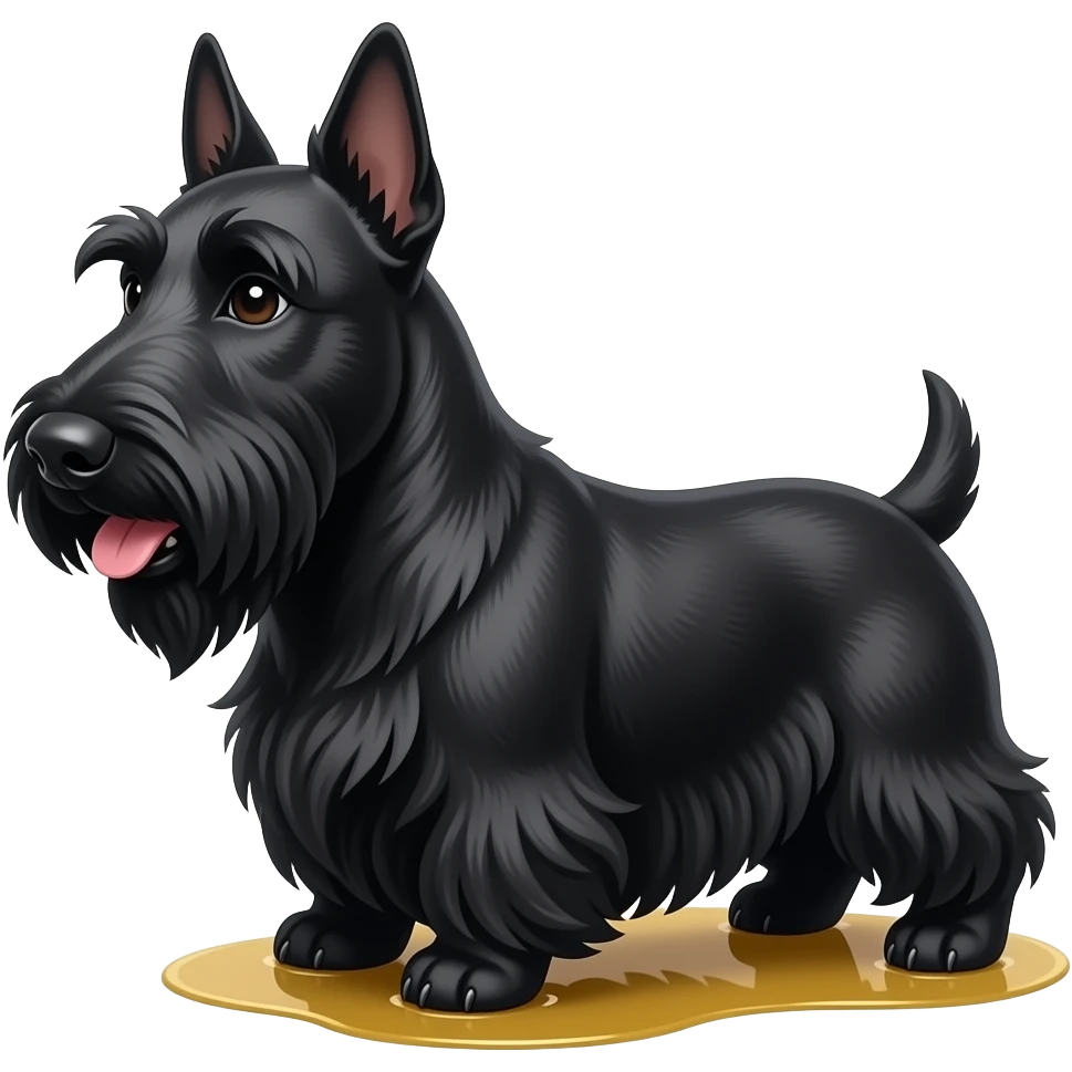 Black Scottie dog smiling in profile full body. Very small yellow puddle beneath rear paws emoji