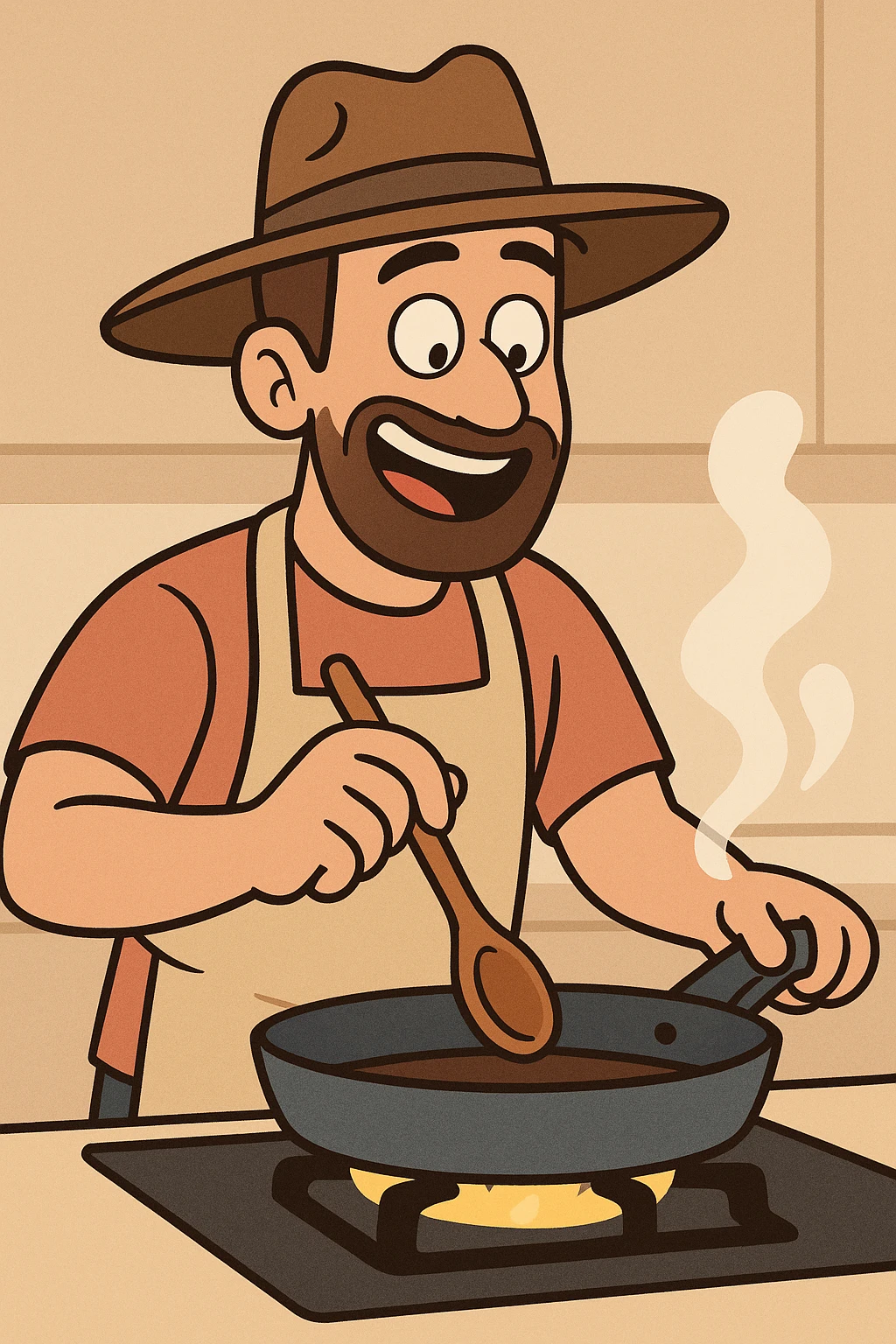 Cartoon style of a man wearing a hat cooking with a cheerful expression emoji