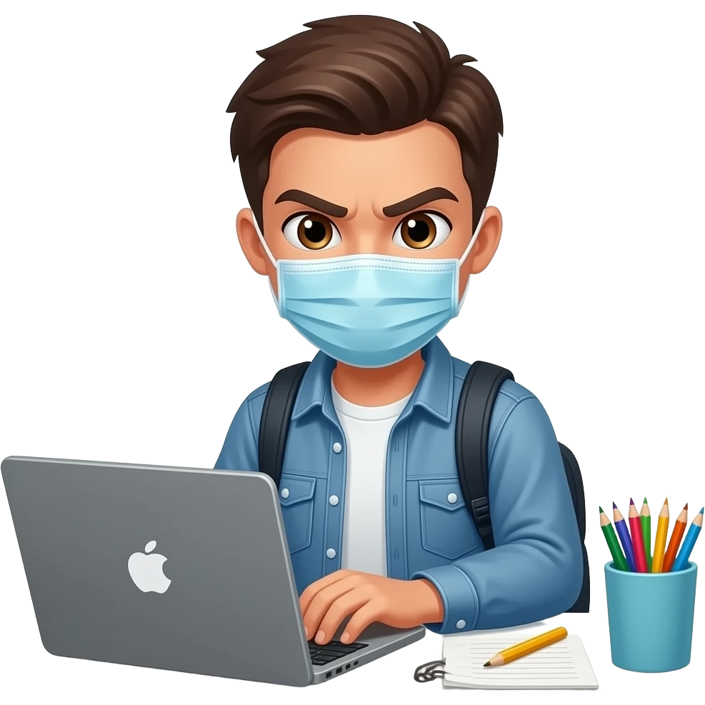 a student at home in front of the laptop using chatgpt for his homework, year 2020 where corona is, evil facial expression emoji