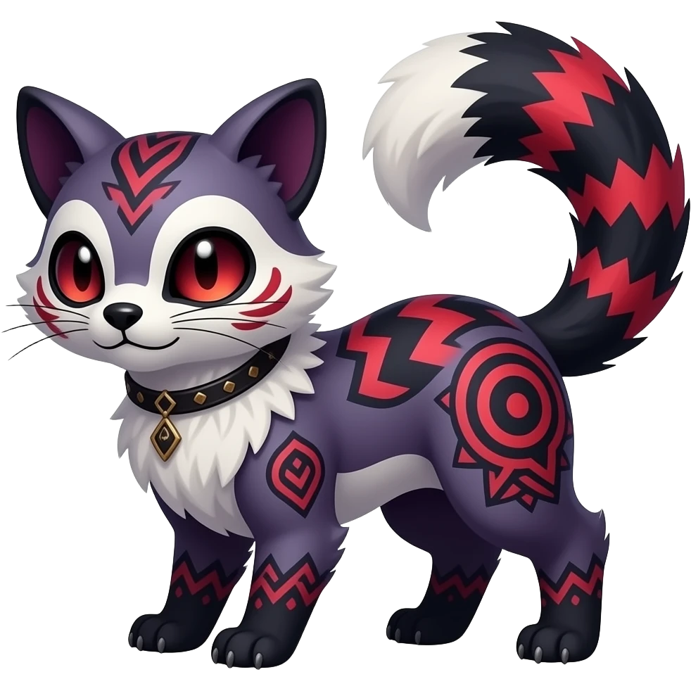 Rare warm-colored exotic gloomy tropical edgy cute epic aesthetic spooky indigo violet white black red gothic colorful Salandit-Furret-Civet-species-Fakemon-hybrid-creature, with tribal tattoo markings, full body emoji