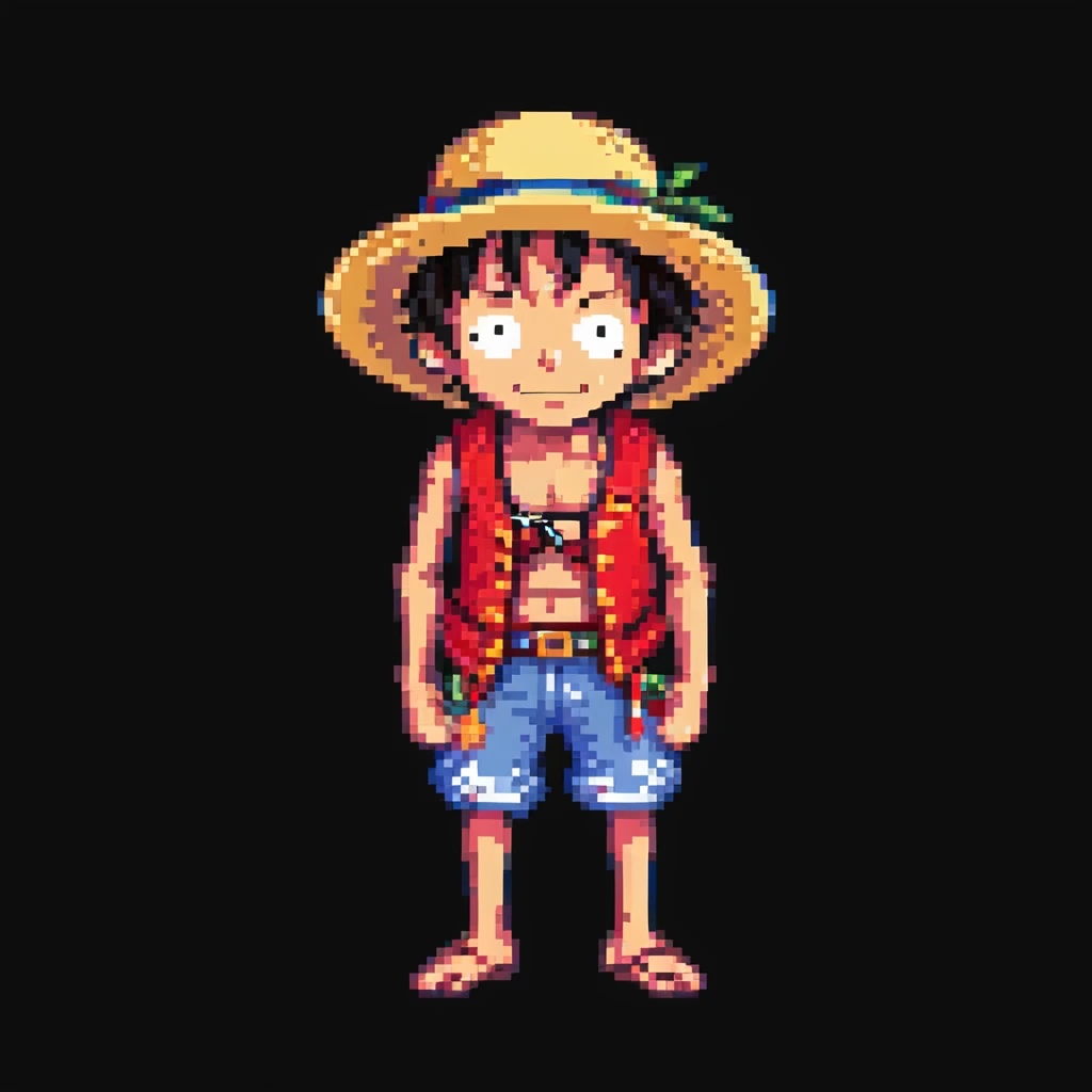 Monkey D. Luffy, pixel art style, red vest, straw hat, simple background emoji