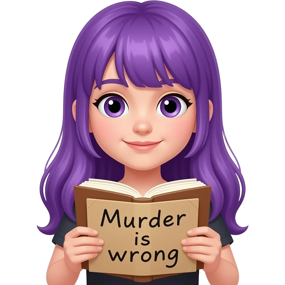 girl with long purple hair with a BOOKS... because MURDER is wrong sign emoji
