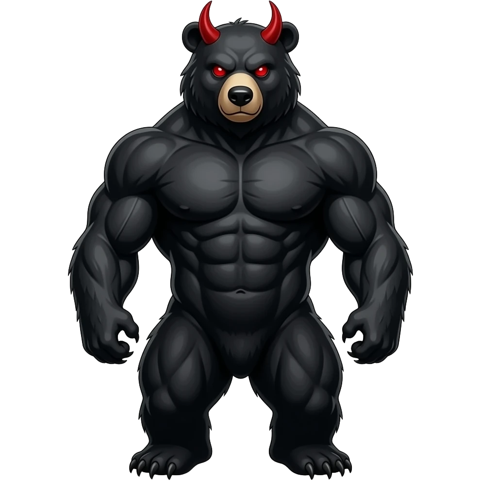 Dark Demon bear with red eyes and with chest muscles. Realistic. Humanoid. Fantasy. emoji