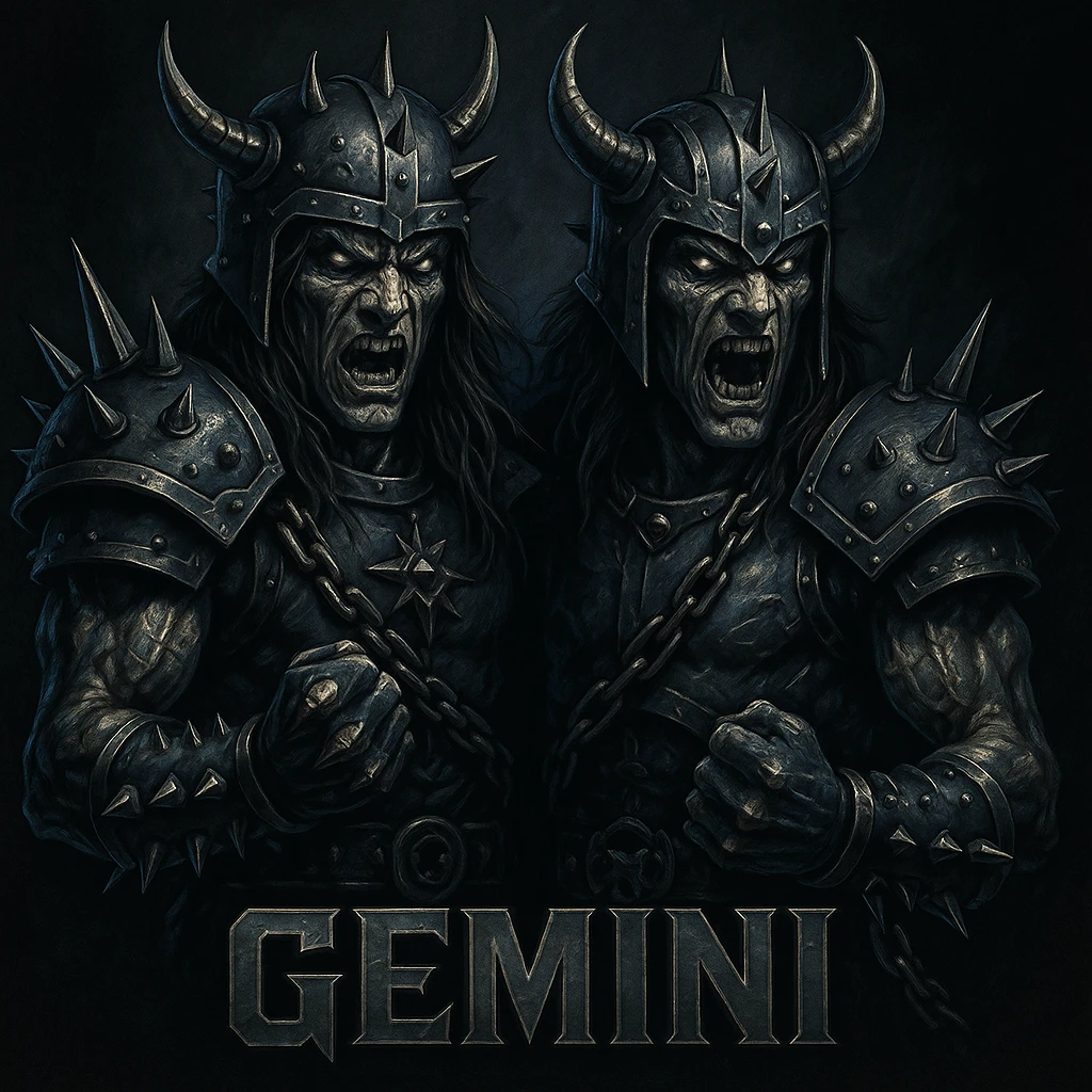 Gemini twins as heavy metal mascots, bold and edgy, metallic details, dark color palette, dramatic lighting emoji