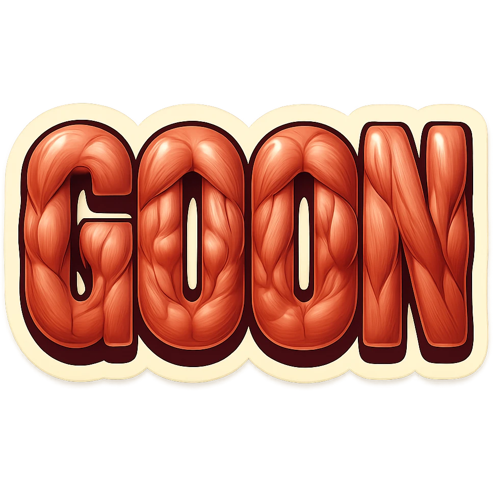 Create multiple variations of the word 'GOON' in a retro sticker style. Each letter should be formed from stylized, detailed human muscles, capturing the texture and color from the provided reference image. The design should have no background, emphasizing the muscle details in a retro sticker aesthetic. emoji