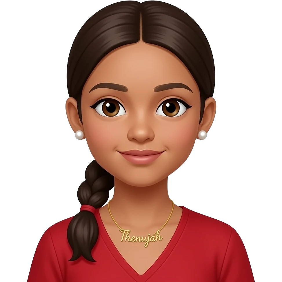 Make a girl that looks real and not 100% AI generated. A girl with light brown skin with low ponytail put it in front. She has pearl earrings and a necklace that says ‘Thenujah’ in cursive gold. She is skinny make her face a v shape. She is wearing red. She is 12 years old. Ponytail in the front of emoji