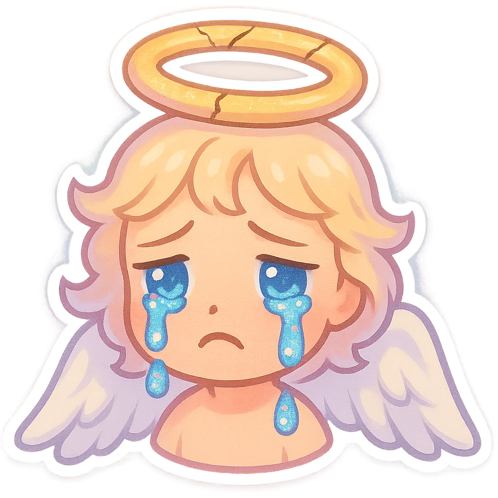 chibi angel emoji with glitter tears, cracked golden halo, drooping white wings, pastel lighting, sad expression, 90s Catholic tragic romance style, discord emoji aesthetic emoji