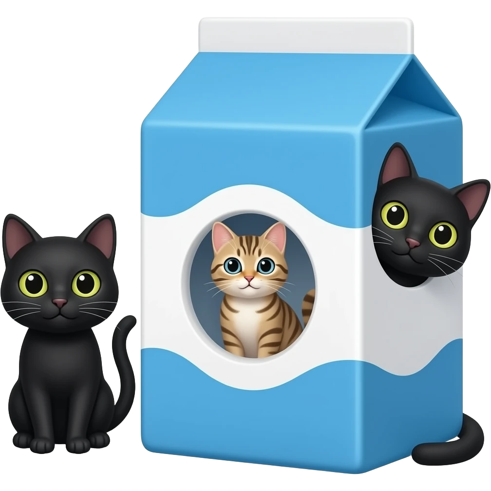 milk carton with blue and white color and with a small circle cutout where you can see a small tabby cat inside on the right side there is a largel black cat, on the roghr side there is a black cat looking  at us emoji