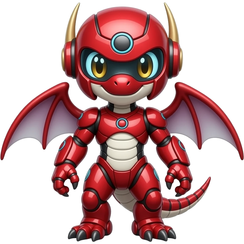 a shiny red Genesect-Flygon-Raptor-Fakémon—hybrid with a futuristic visor-helmet full body emoji