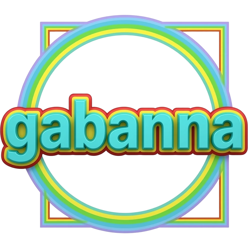 name "gabanna" in bright blue teal green 3D style typography lettering, each color of the rainbow as a border outlined around each letter, isolated, 3d rendering, no emoji icons no emoji faces and must have no human figures emoji