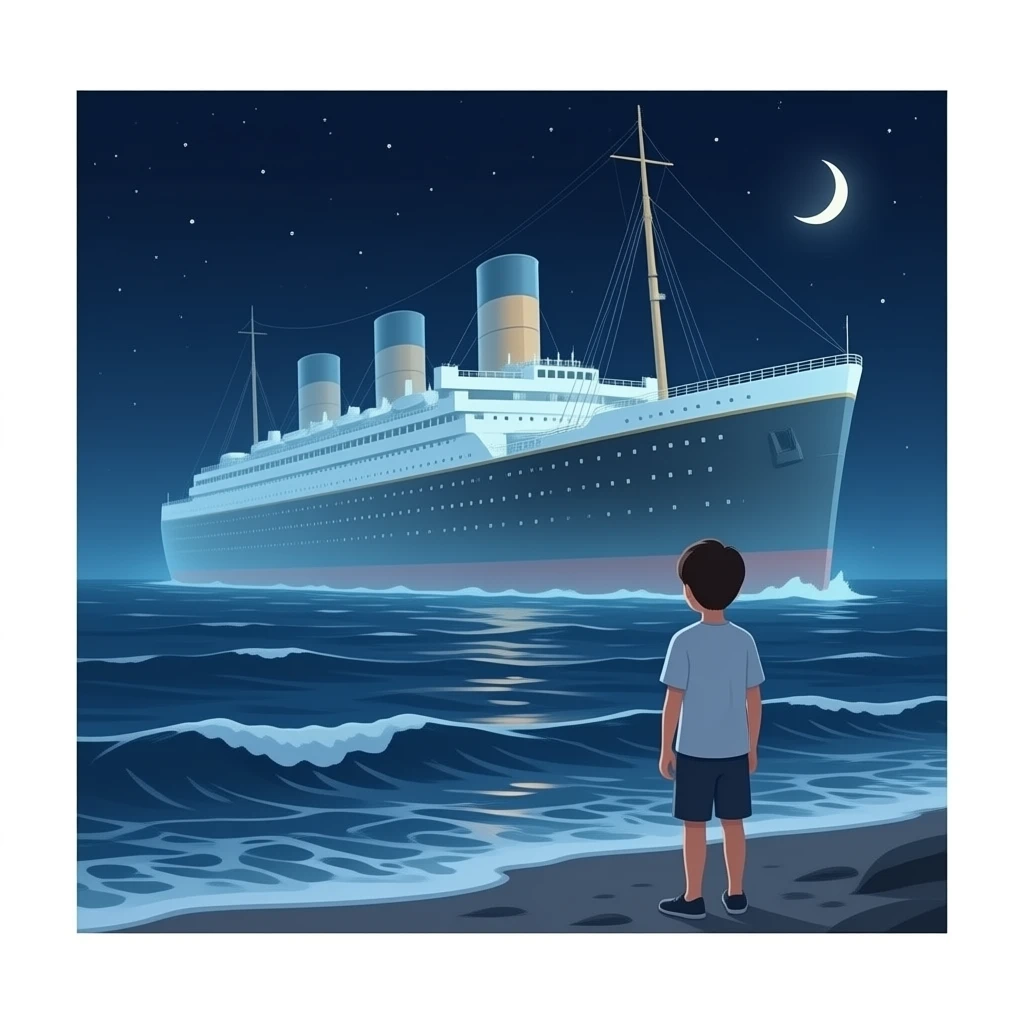 The ghostly ship The Queen Mary floats above the sea while a boy on the shore watches the scene - cut scene emoji