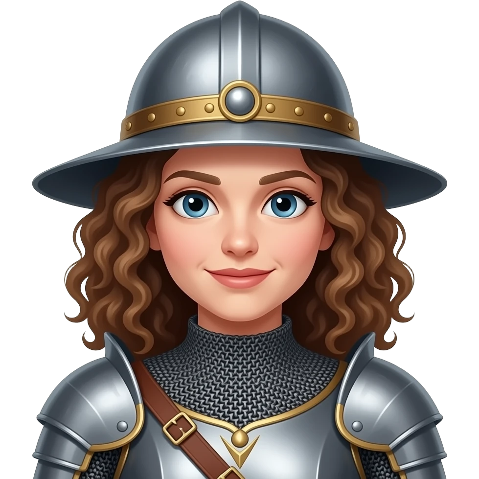 Un cavallero medieval de piel blanca pero que se una mujer con el pelo rizado castaño i sombrero i que sea como un emoji de iphone emoji
