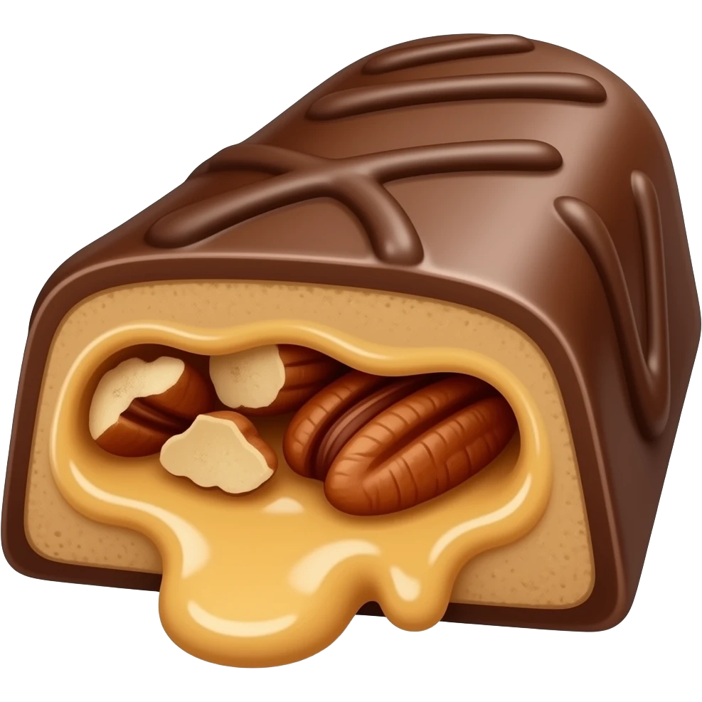 Bombón de chocolate en forma de dedo de chocolate relleno por dentro  de dulce de leche y pecanas partido a la mitad emoji