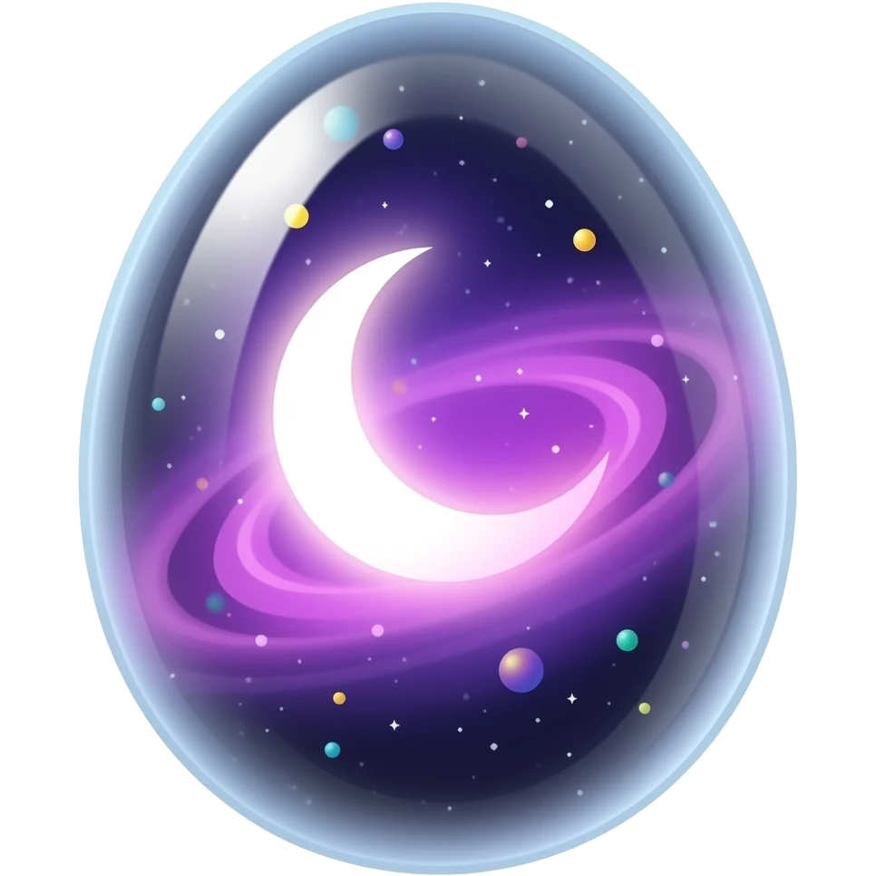 transparent glowing cosmic egg with no visible shell, fully see‑through, containing a swirling purple‑pink nebula and a luminous crecent moon, floating multicolored light orbs inside, isolated object, transparent background emoji