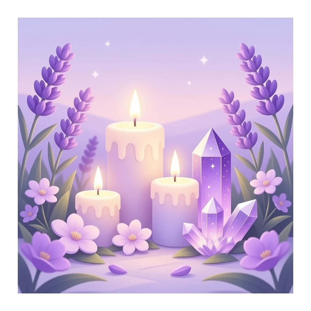 Aesthetic scenic romantic lavender lilac pastels beautiful gorgeous holy divine spiritual pretty elegant sparkly shiny scene of Candles, flowers, plants leaves, amethyst crystals, scenic aesthetic scenery emoji