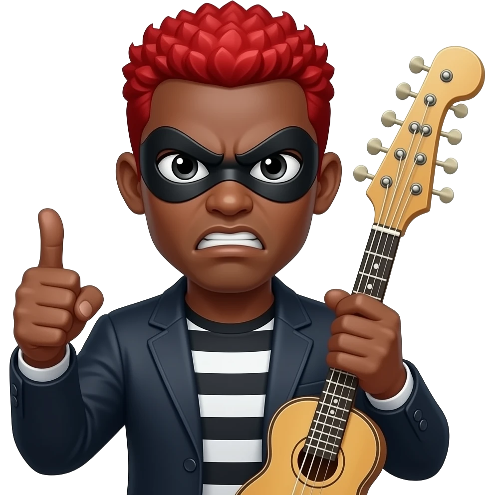 give me a black-skinned guy emoji who's showing with his thumb that everything fine, also on the other hand he holds a jumbo instrument he should have red hair, his eyes should be small and wide his mouth should be mad and his eyes should be really small. on his head he should have the robber mask emoji